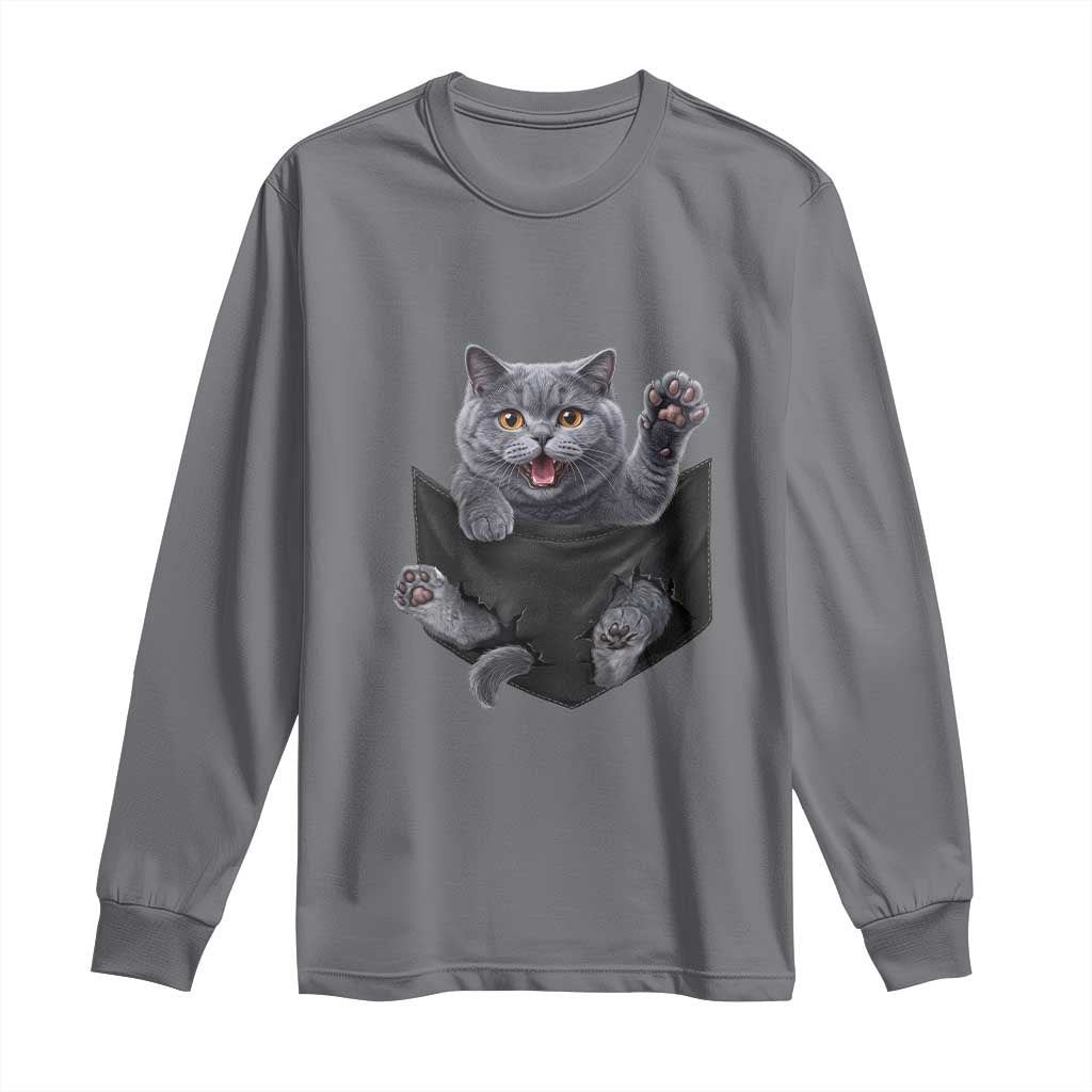 Cute British Shorthair Cat In Pocket Long Sleeve Shirt Cat Lover
