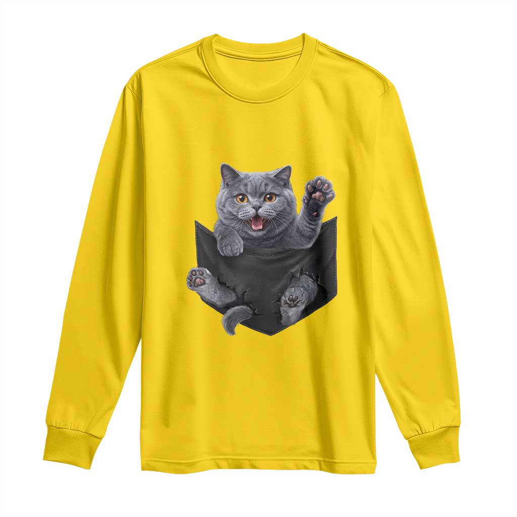 Cute British Shorthair Cat In Pocket Long Sleeve Shirt Cat Lover