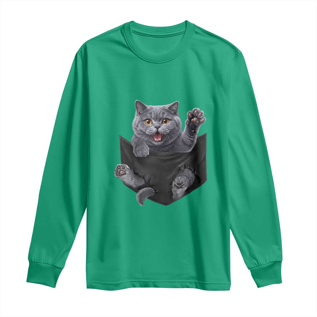 Cute British Shorthair Cat In Pocket Long Sleeve Shirt Cat Lover