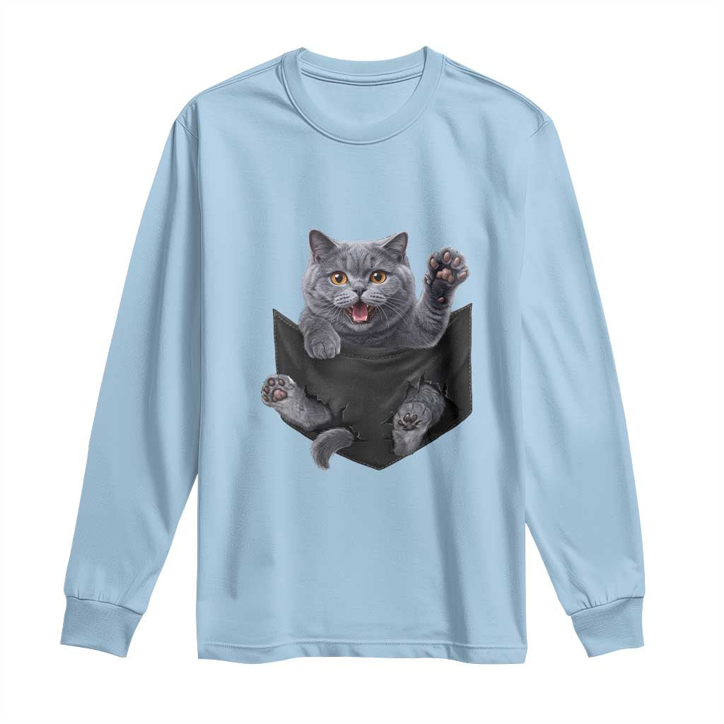 Cute British Shorthair Cat In Pocket Long Sleeve Shirt Cat Lover