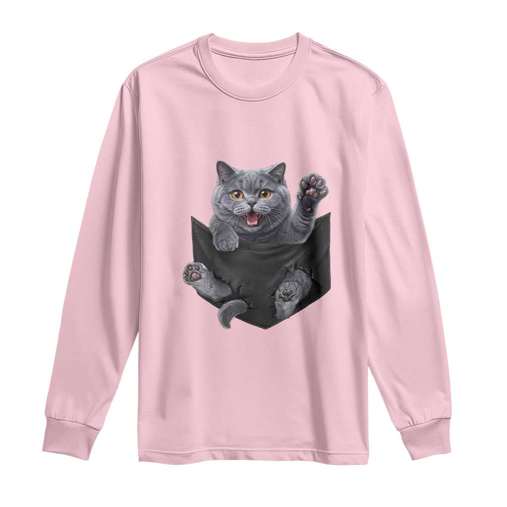 Cute British Shorthair Cat In Pocket Long Sleeve Shirt Cat Lover