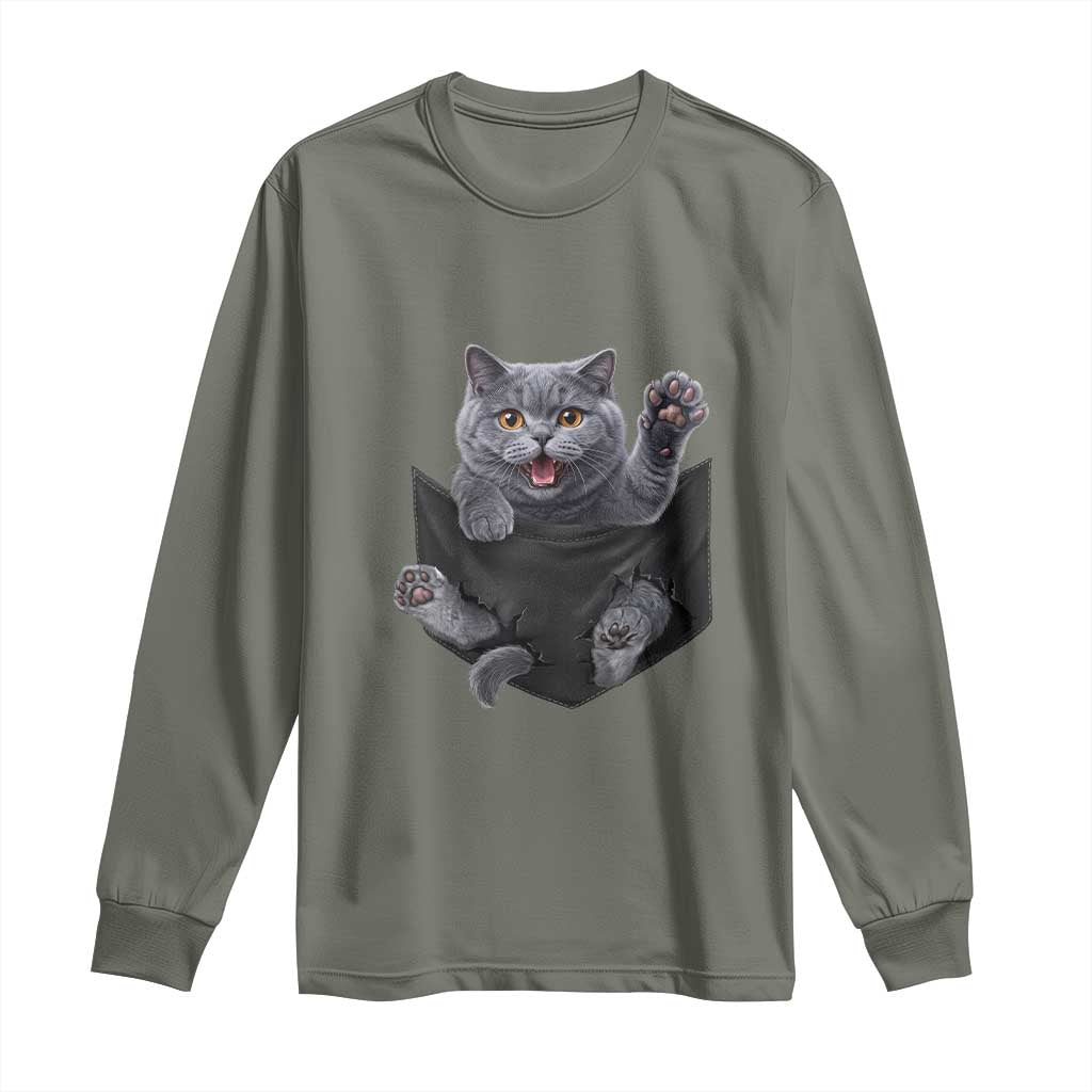 Cute British Shorthair Cat In Pocket Long Sleeve Shirt Cat Lover