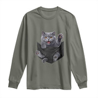 Cute British Shorthair Cat In Pocket Long Sleeve Shirt Cat Lover