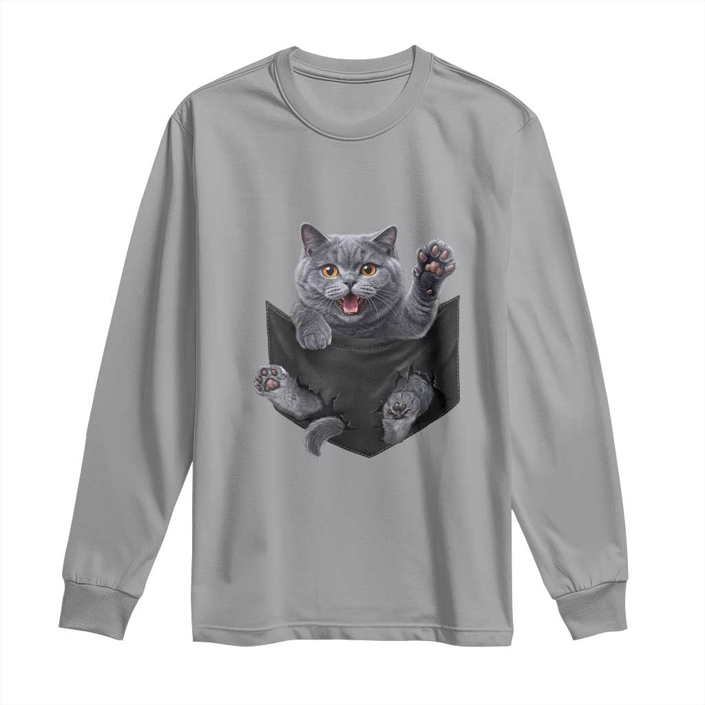 Cute British Shorthair Cat In Pocket Long Sleeve Shirt Cat Lover