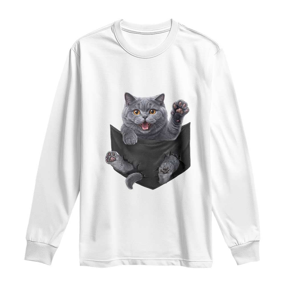 Cute British Shorthair Cat In Pocket Long Sleeve Shirt Cat Lover
