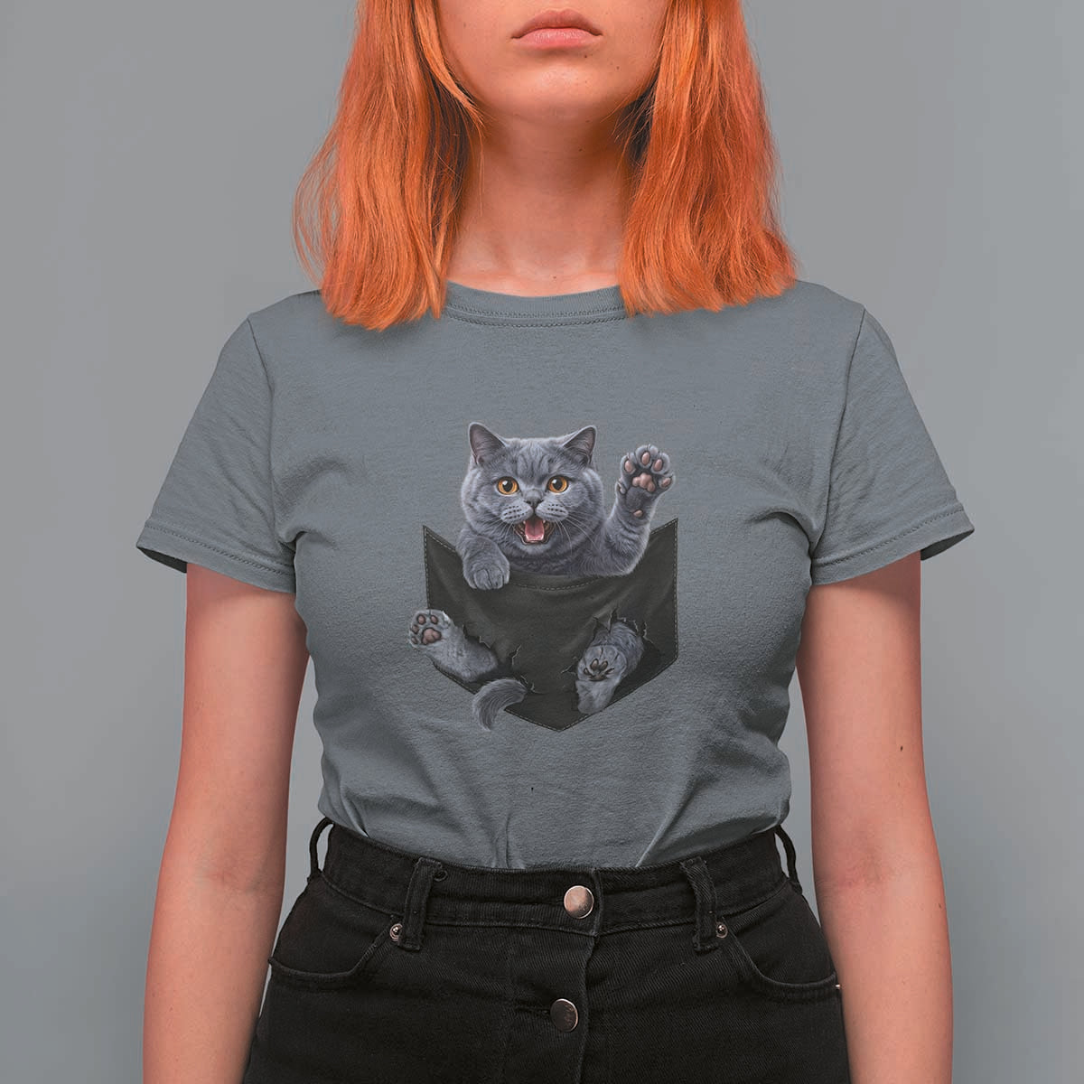 Cute British Shorthair Cat In Pocket T Shirt For Women Cat Lover