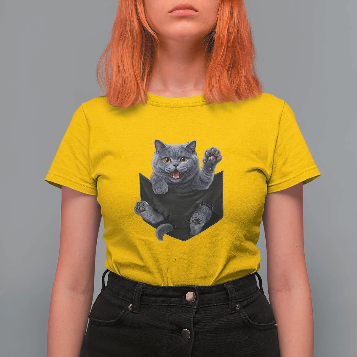 Cute British Shorthair Cat In Pocket T Shirt For Women Cat Lover