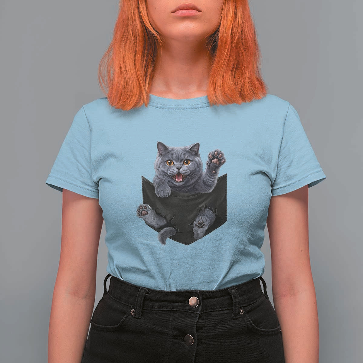 Cute British Shorthair Cat In Pocket T Shirt For Women Cat Lover