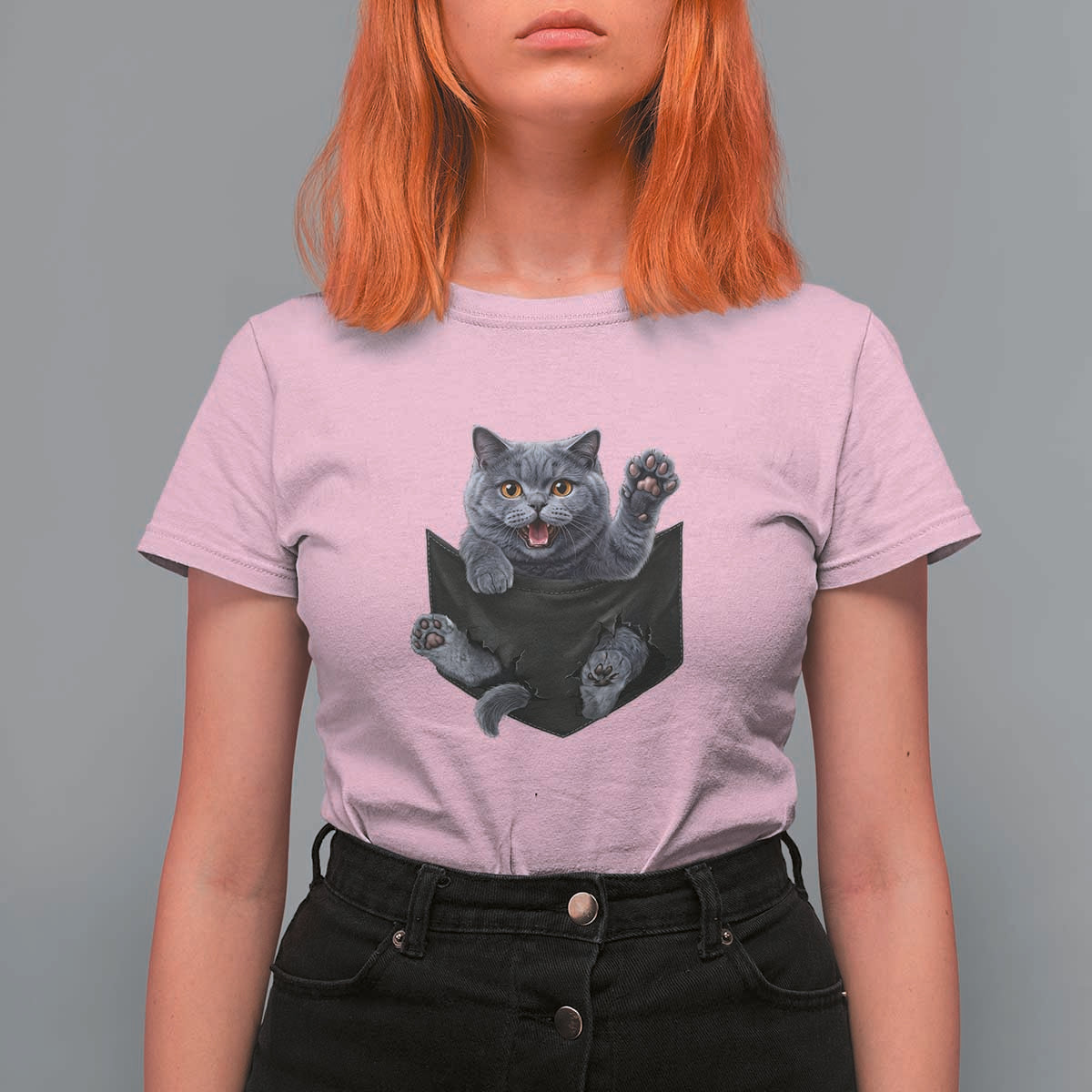 Cute British Shorthair Cat In Pocket T Shirt For Women Cat Lover