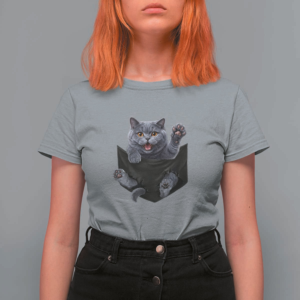 Cute British Shorthair Cat In Pocket T Shirt For Women Cat Lover
