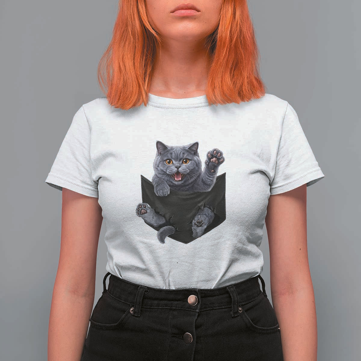 Cute British Shorthair Cat In Pocket T Shirt For Women Cat Lover