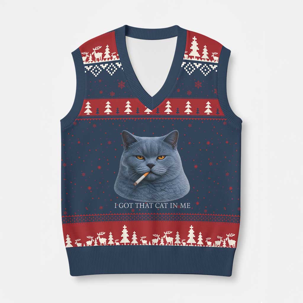 Funny British Shorthair Smoking V-Neck Knit Sweater Vest I Got That Cat In Me