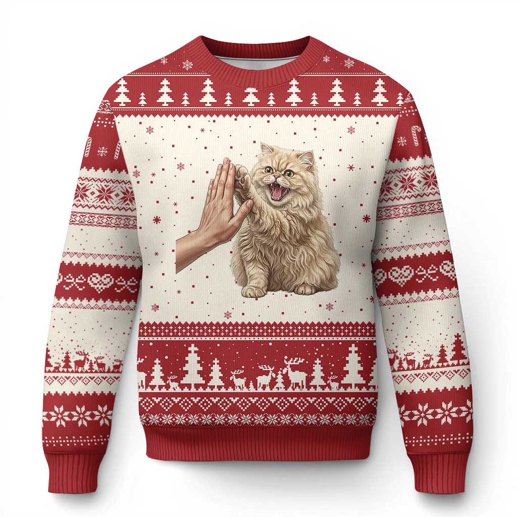 Cute Persian Cat High Five Ugly Christmas Sweater Cat Lover