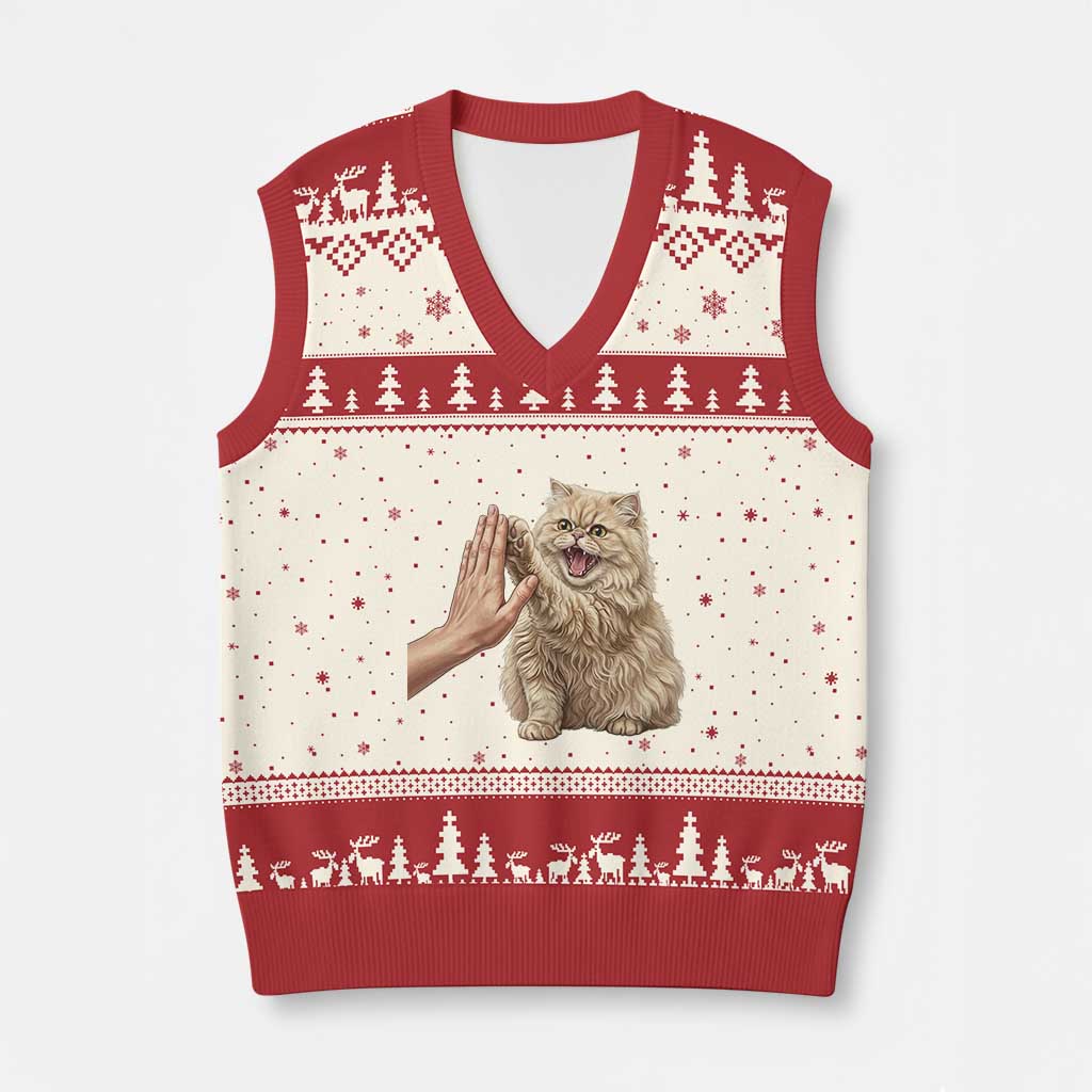 Cute Persian Cat High Five V-Neck Knit Sweater Vest Cat Lover