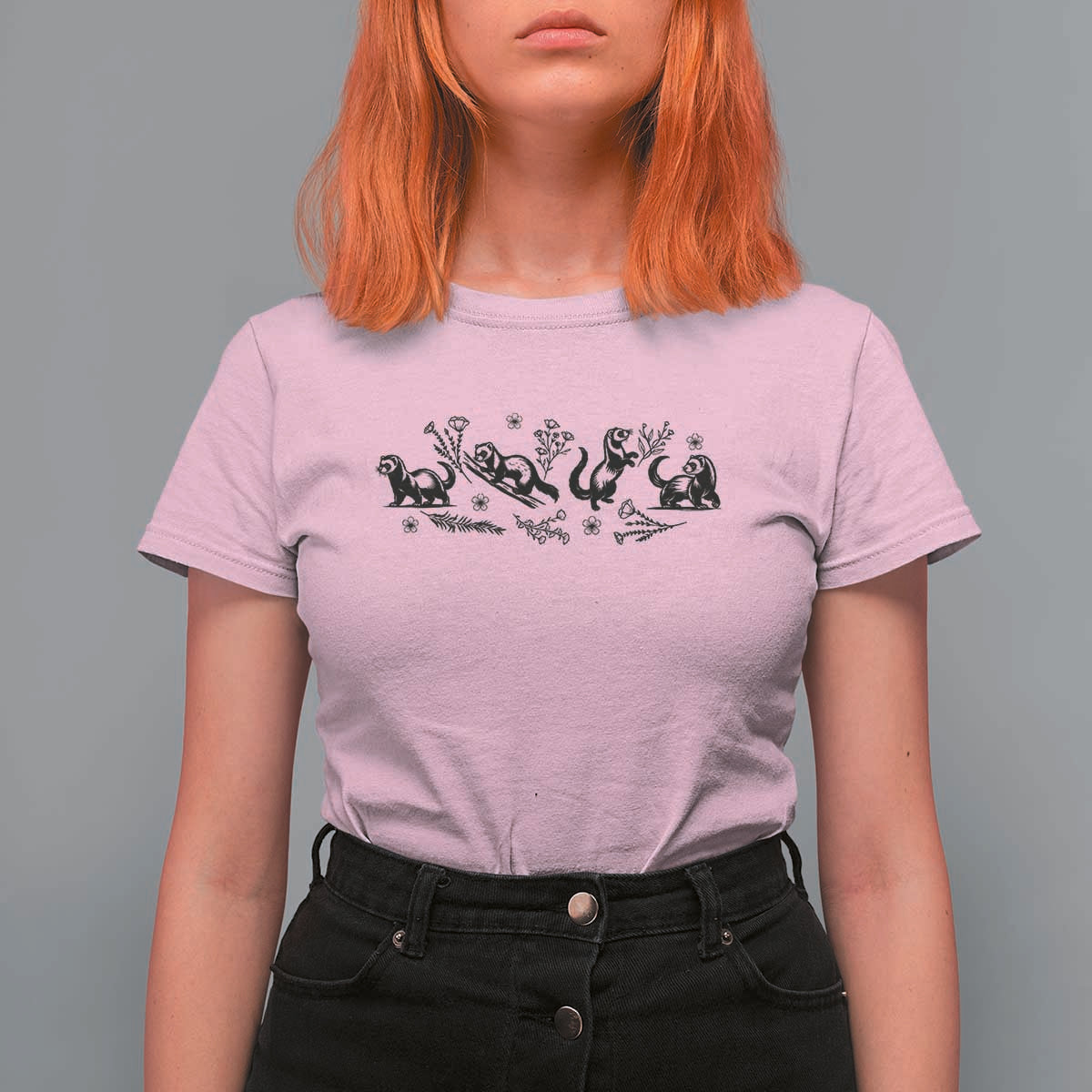 Minimalist Ferret Floral Graphic T Shirt For Women Exotic Pet Owner Gift