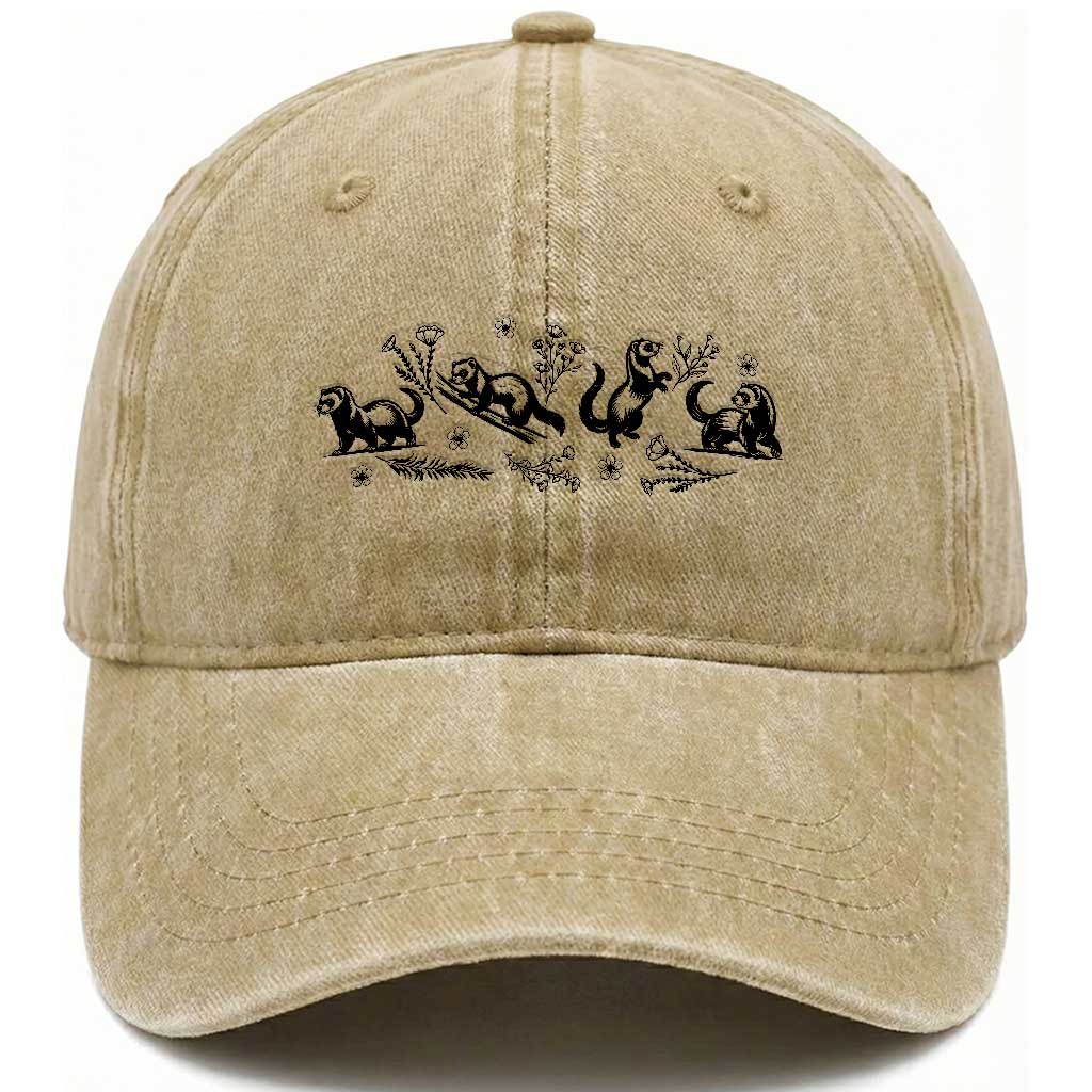 Minimalist Ferret Floral Graphic Washed Cotton Baseball Cap Exotic Pet Owner Gift