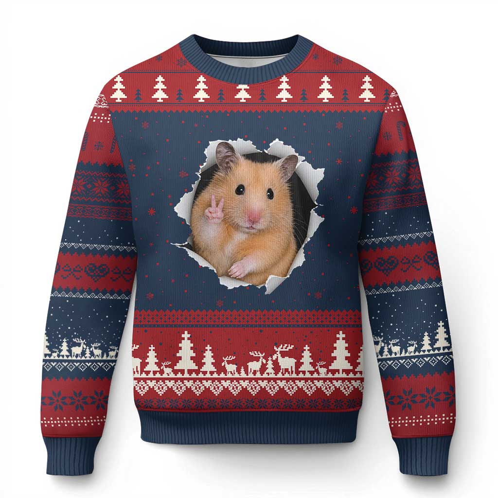 Funny Curious Hamster Peeking Through A Cracked Wall Meme Ugly Christmas Sweater