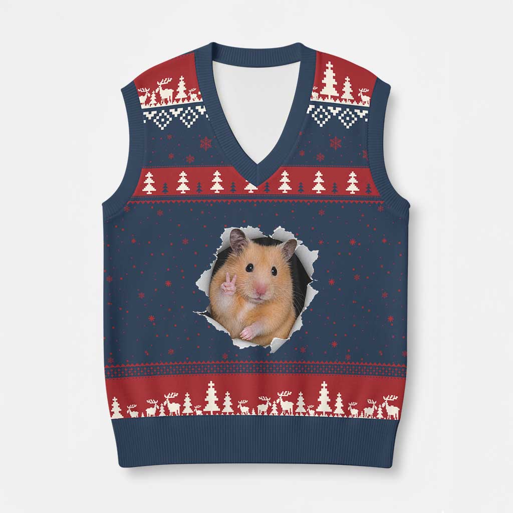 Funny Curious Hamster Peeking Through A Cracked Wall Meme V-Neck Knit Sweater Vest