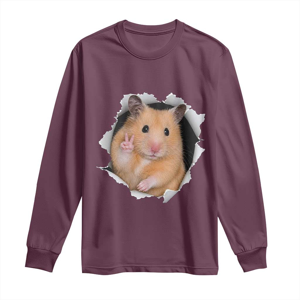 Funny Curious Hamster Peeking Through A Cracked Wall Meme Long Sleeve Shirt