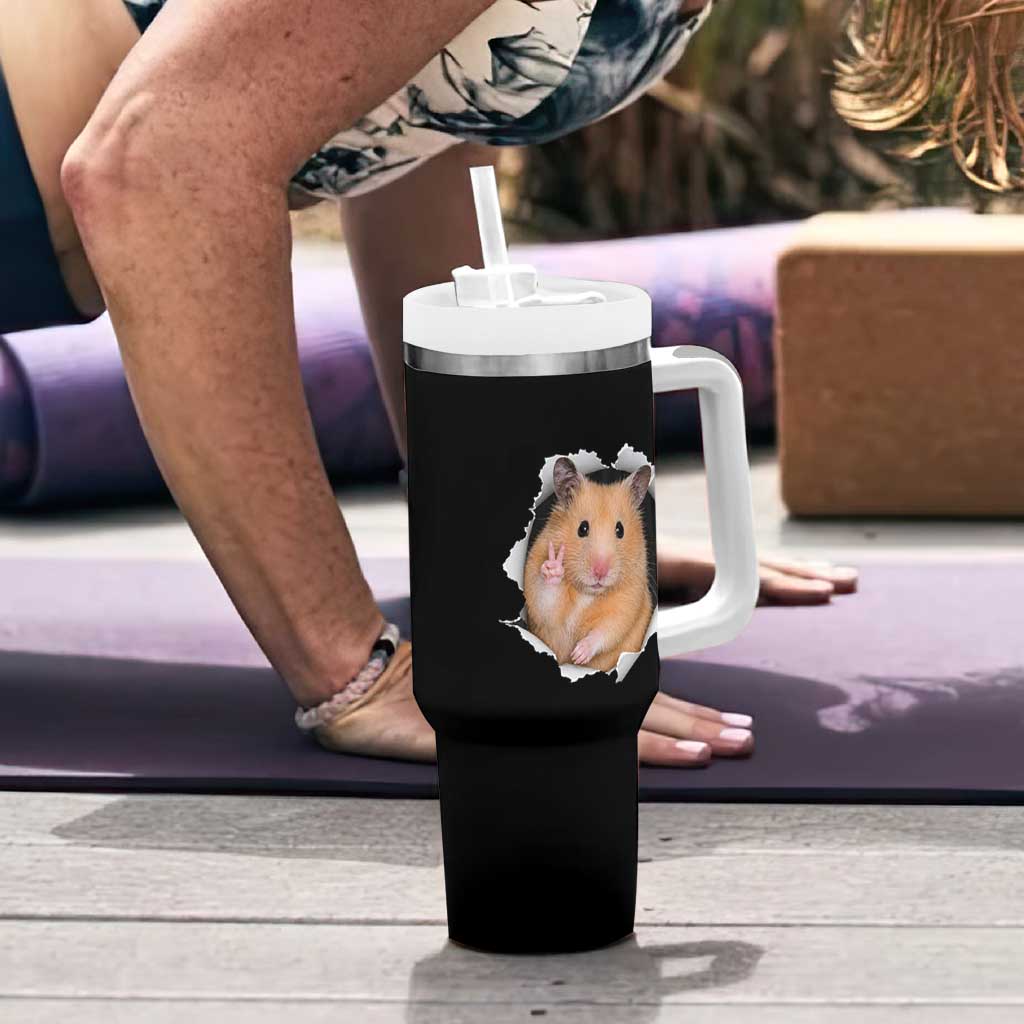 Funny Curious Hamster Peeking Through A Cracked Wall Meme Tumbler With Handle
