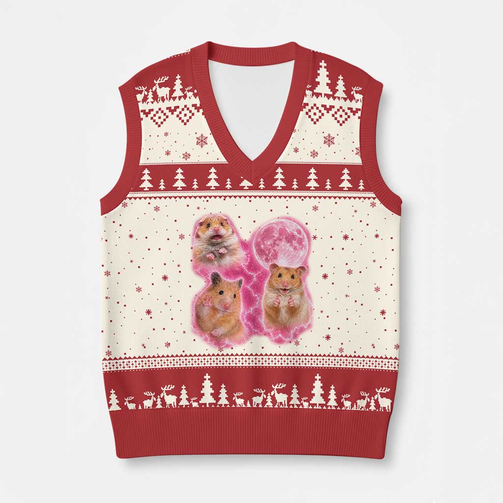 Three Hamsters Retro Graphic V-Neck Knit Sweater Vest Small Pet Lover Gift Idea