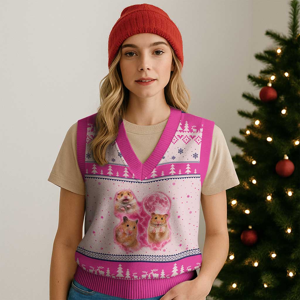 Three Hamsters Retro Graphic V-Neck Knit Sweater Vest Small Pet Lover Gift Idea