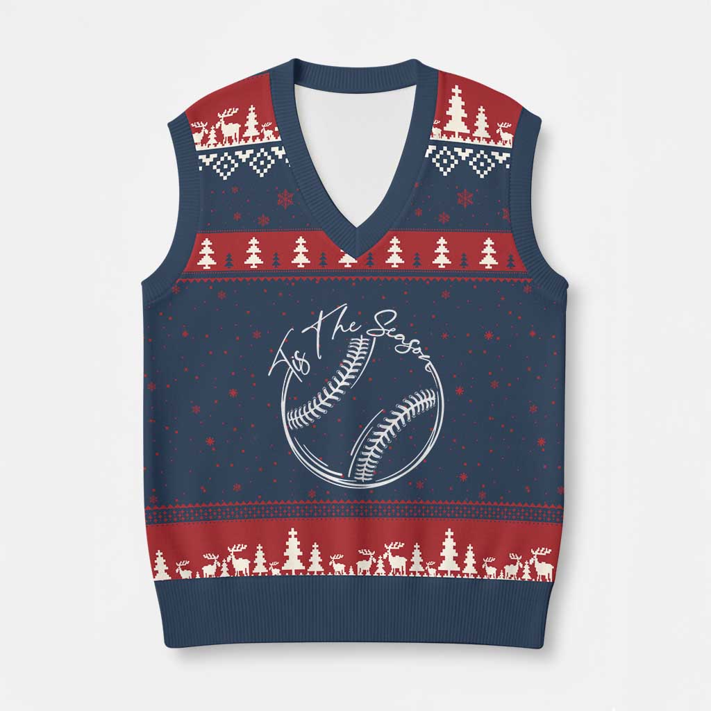Aesthetic Tis The Season Baseball Graphic V-Neck Knit Sweater Vest Sports Fan Gift