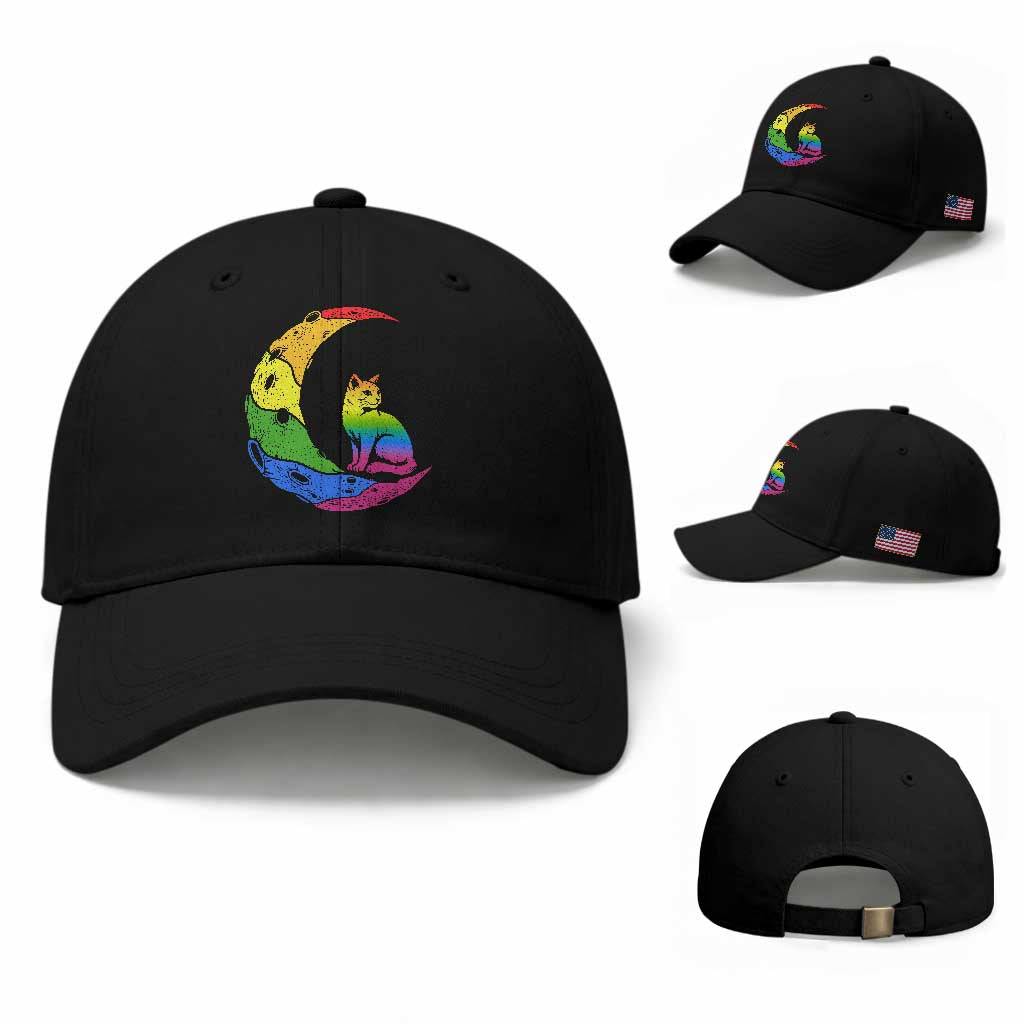 Rainbow Moon Cat Pride Baseball Cap LGBT Feline Graphic
