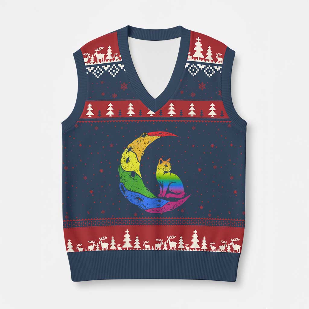 Rainbow Moon Cat Pride V-Neck Knit Sweater Vest LGBT Feline Graphic
