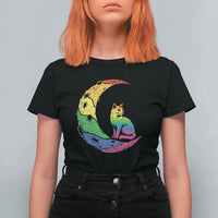 Rainbow Moon Cat Pride T Shirt For Women LGBT Feline Graphic