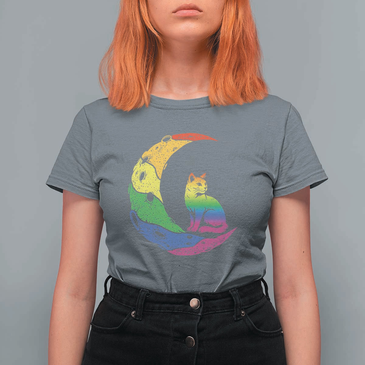 Rainbow Moon Cat Pride T Shirt For Women LGBT Feline Graphic