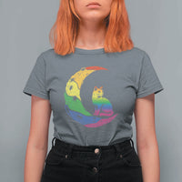 Rainbow Moon Cat Pride T Shirt For Women LGBT Feline Graphic