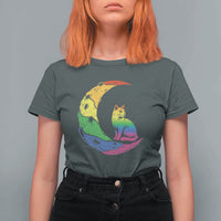 Rainbow Moon Cat Pride T Shirt For Women LGBT Feline Graphic