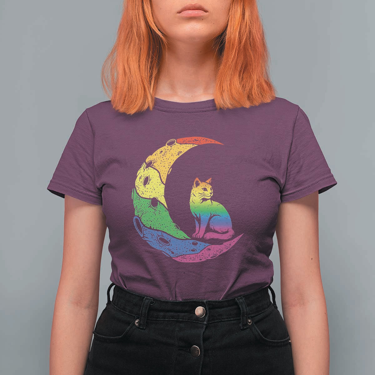 Rainbow Moon Cat Pride T Shirt For Women LGBT Feline Graphic