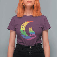 Rainbow Moon Cat Pride T Shirt For Women LGBT Feline Graphic