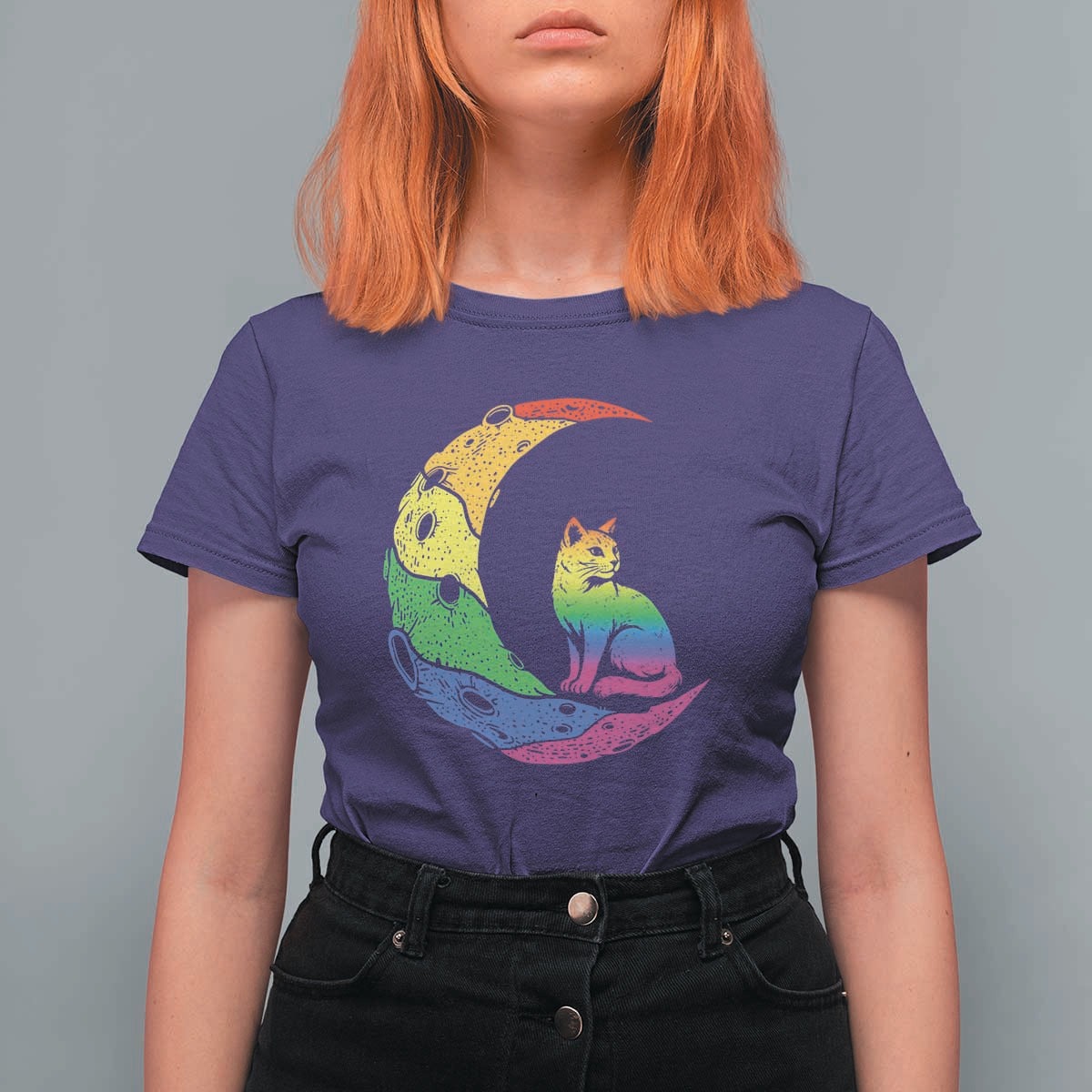 Rainbow Moon Cat Pride T Shirt For Women LGBT Feline Graphic