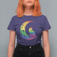 Rainbow Moon Cat Pride T Shirt For Women LGBT Feline Graphic