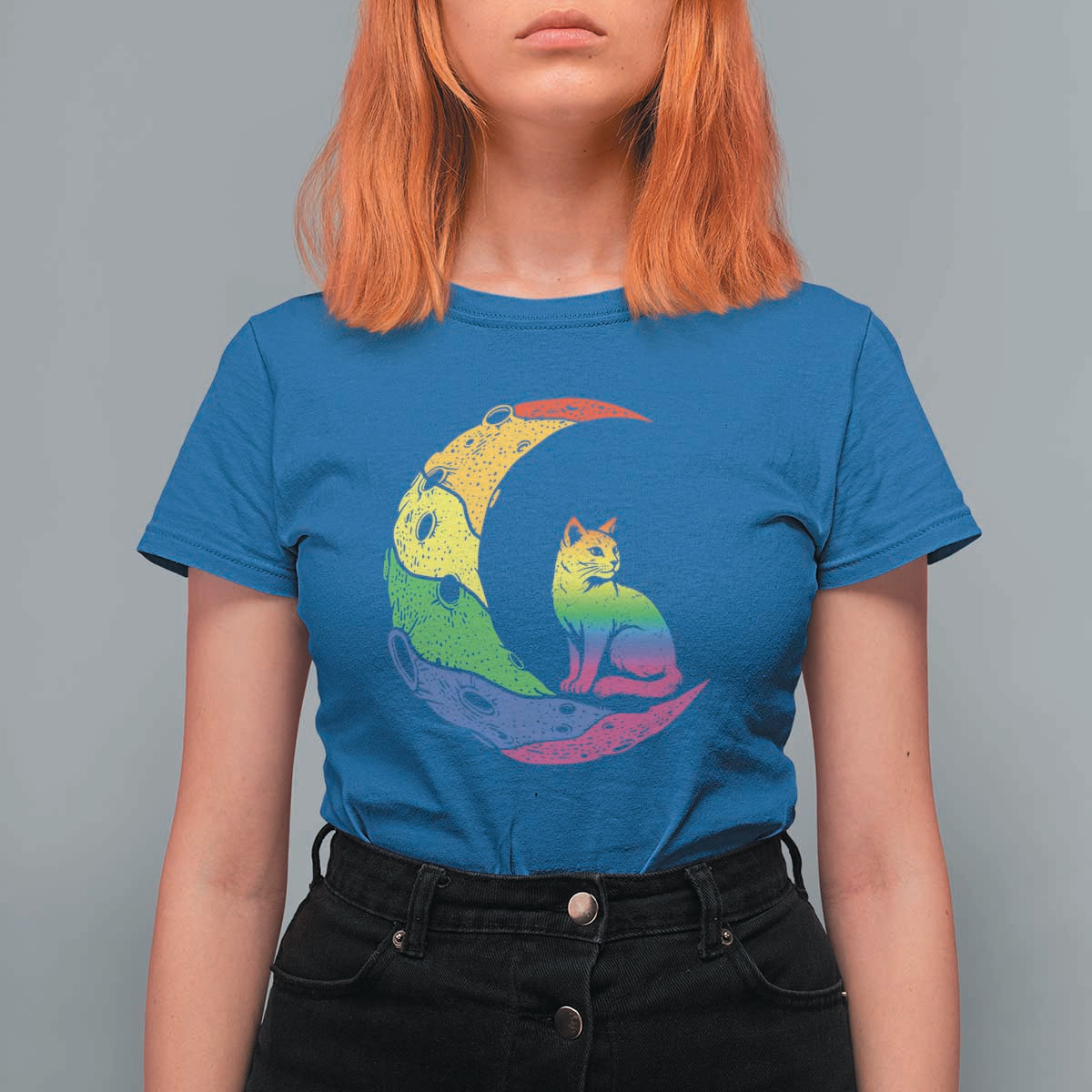 Rainbow Moon Cat Pride T Shirt For Women LGBT Feline Graphic