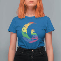Rainbow Moon Cat Pride T Shirt For Women LGBT Feline Graphic