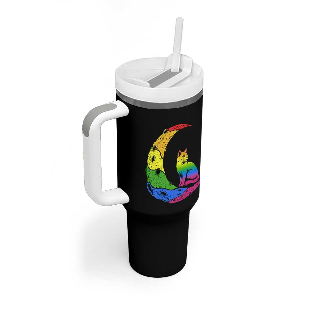 Rainbow Moon Cat Pride Tumbler With Handle LGBT Feline Graphic