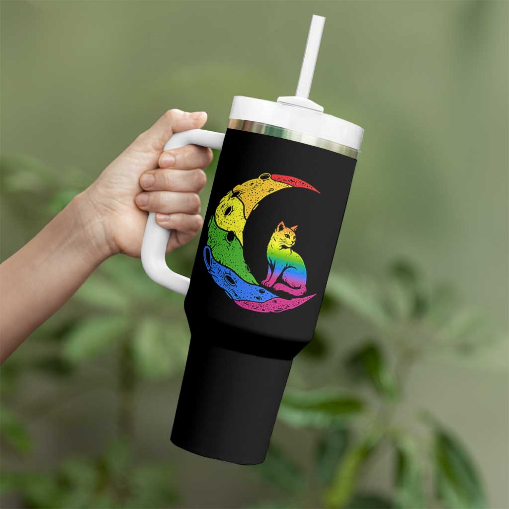 Rainbow Moon Cat Pride Tumbler With Handle LGBT Feline Graphic