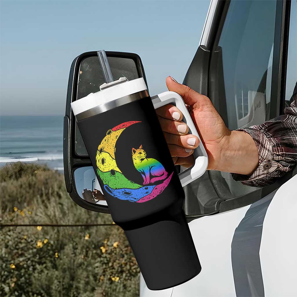 Rainbow Moon Cat Pride Tumbler With Handle LGBT Feline Graphic