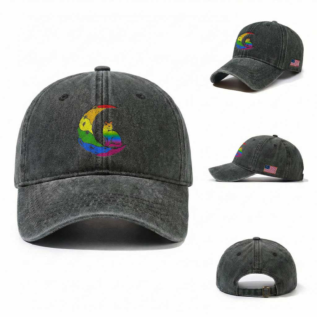 Rainbow Moon Cat Pride Washed Cotton Baseball Cap LGBT Feline Graphic