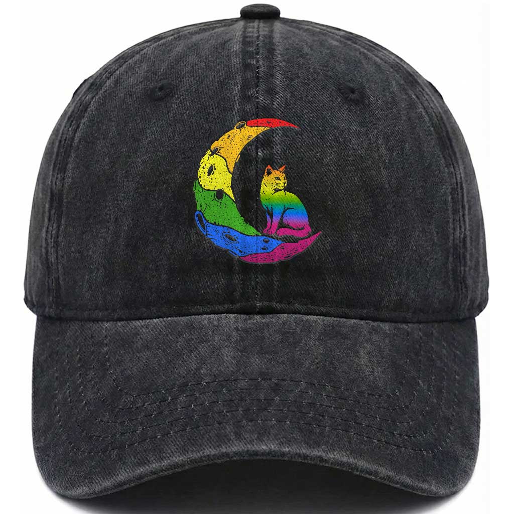 Rainbow Moon Cat Pride Washed Cotton Baseball Cap LGBT Feline Graphic