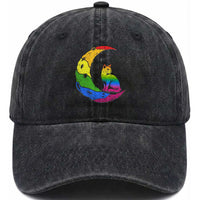 Rainbow Moon Cat Pride Washed Cotton Baseball Cap LGBT Feline Graphic