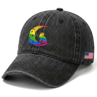 Rainbow Moon Cat Pride Washed Cotton Baseball Cap LGBT Feline Graphic