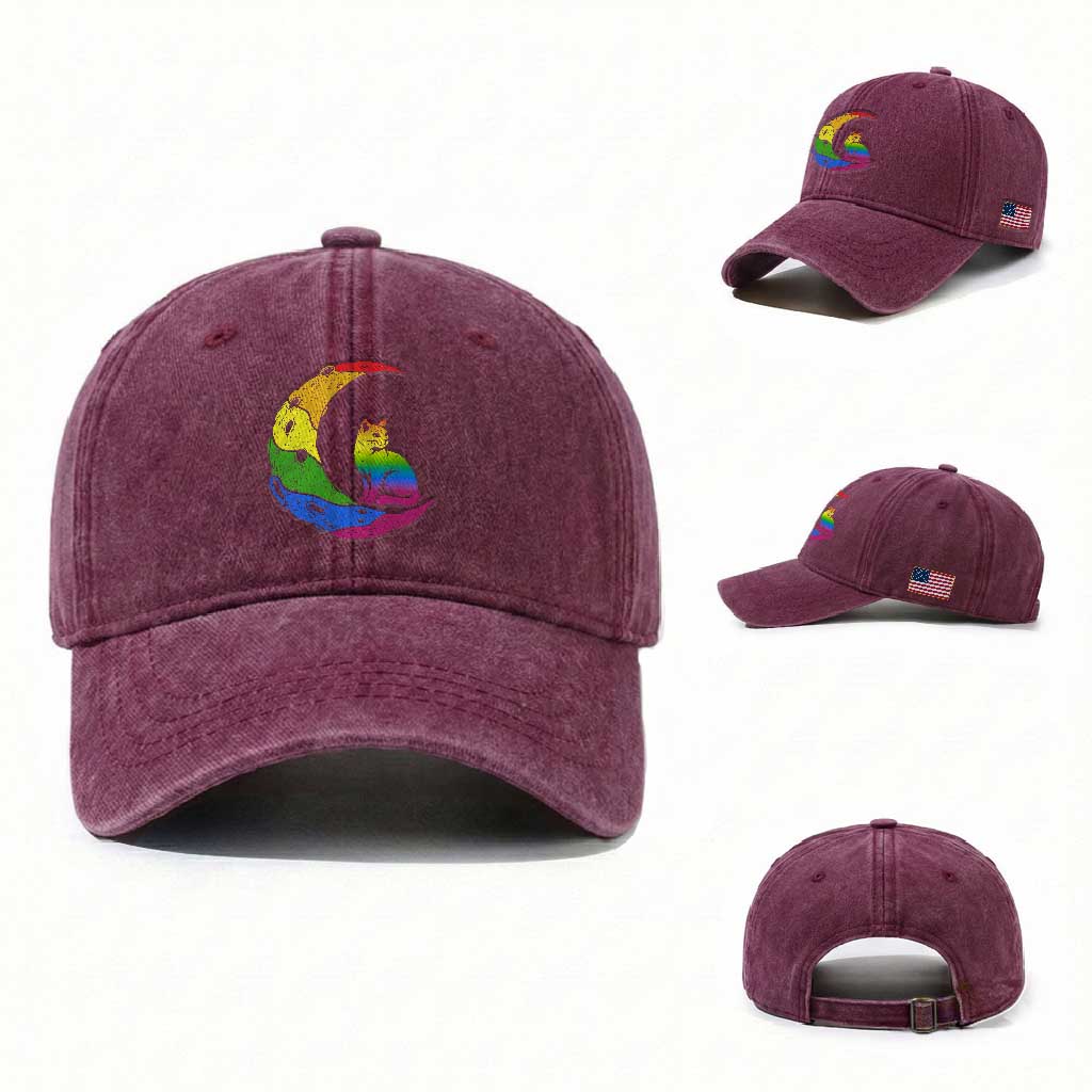 Rainbow Moon Cat Pride Washed Cotton Baseball Cap LGBT Feline Graphic