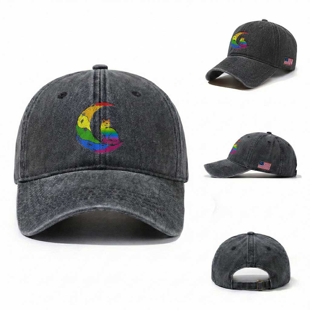 Rainbow Moon Cat Pride Washed Cotton Baseball Cap LGBT Feline Graphic