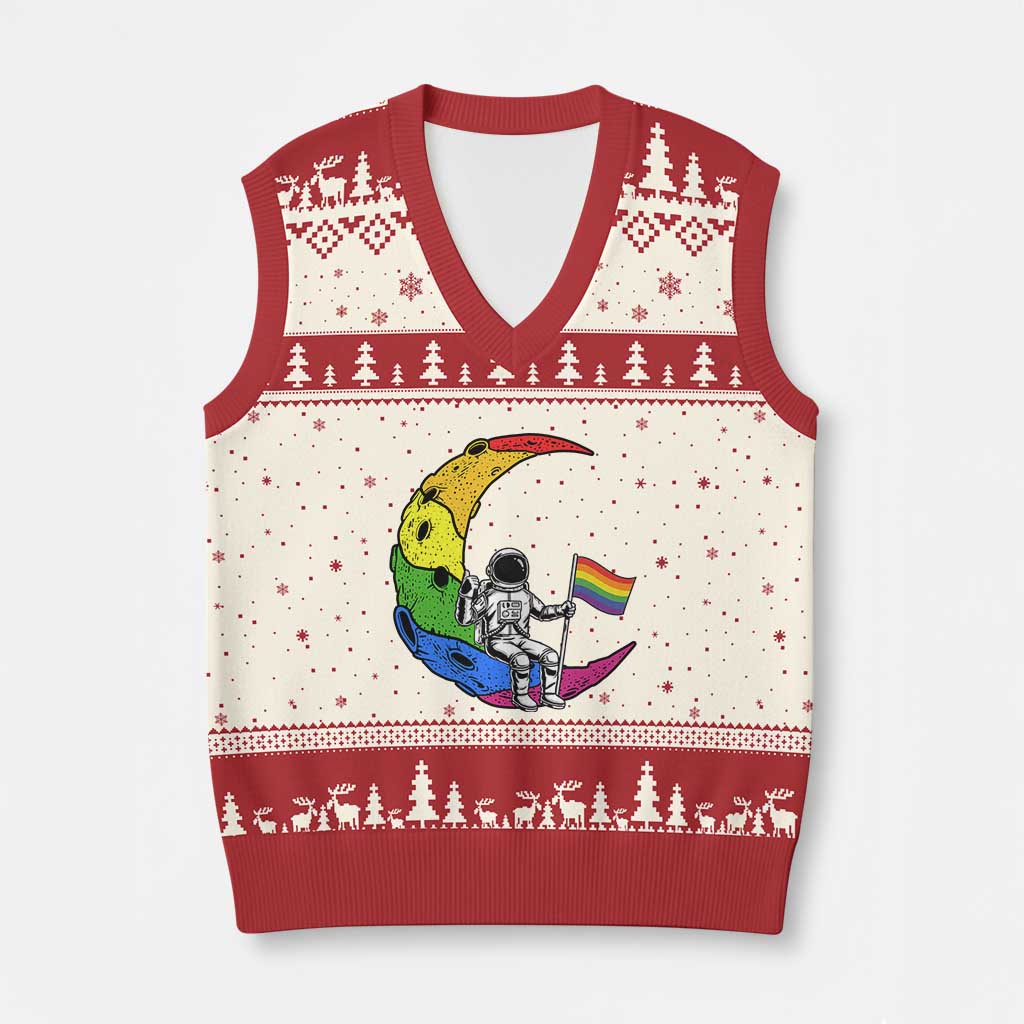 Rainbow Astronaut On The Moon LGBT V-Neck Knit Sweater Vest Spaceman Pride Month