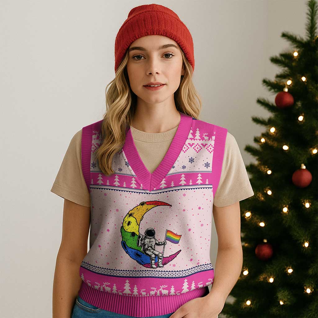 Rainbow Astronaut On The Moon LGBT V-Neck Knit Sweater Vest Spaceman Pride Month